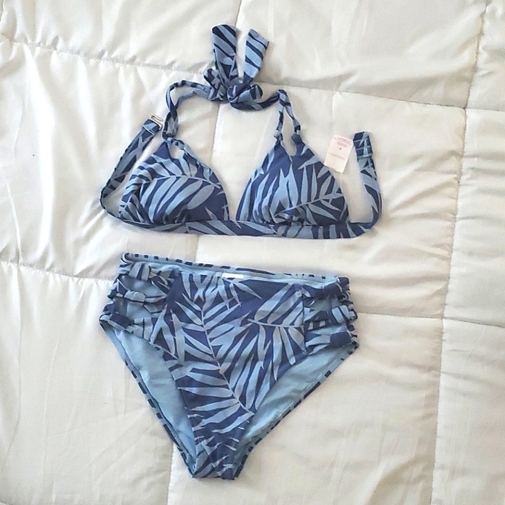 Bikini set, light blue with gold on dark blue